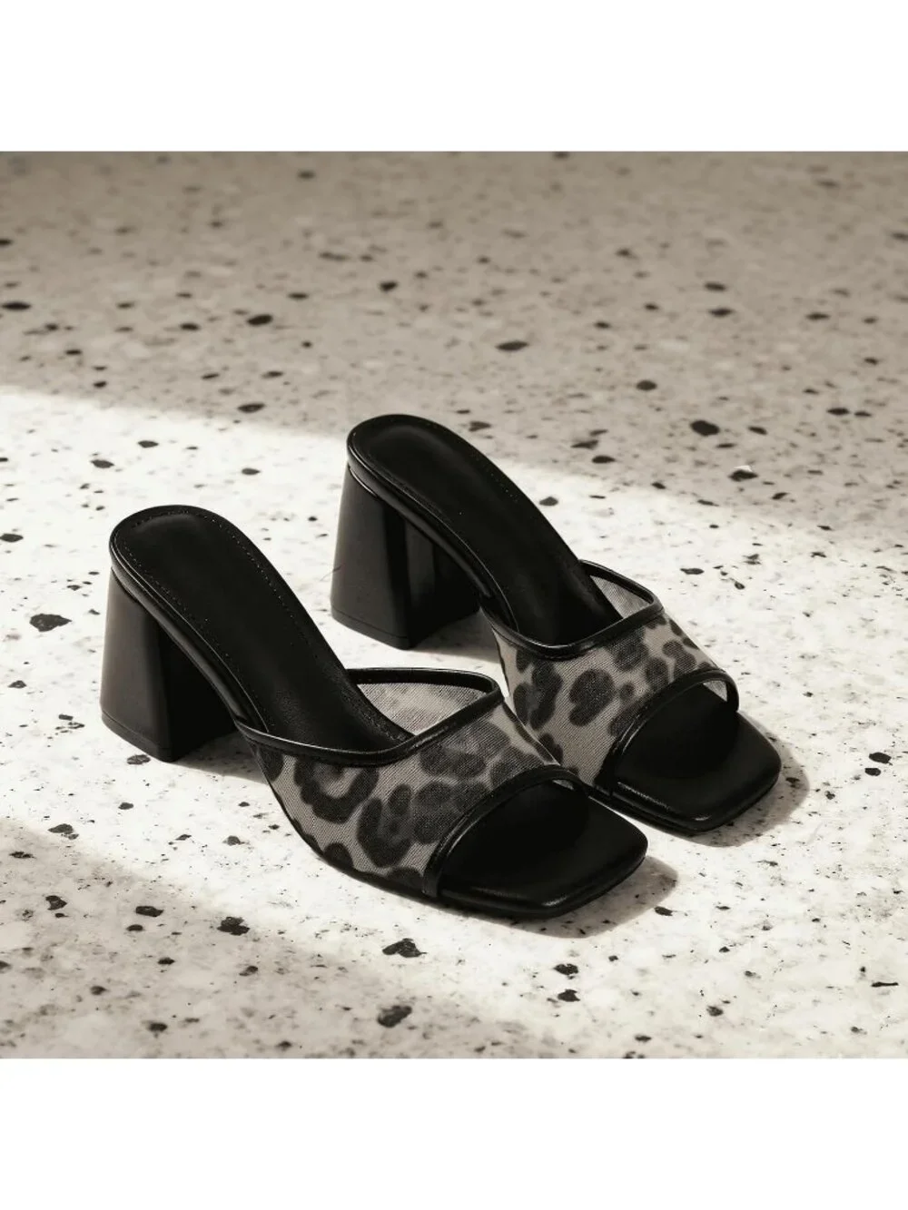 Women's Leopard Mesh Summer Square Open Toe Mules Chunky Stylish Heeled Sandals